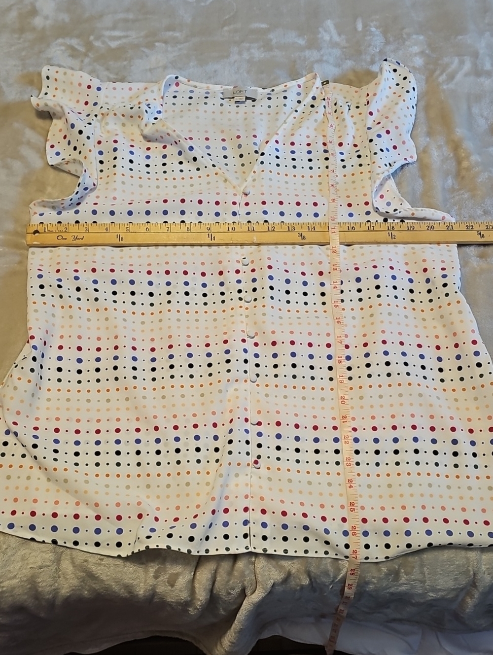 LOFT White Polka Dot Flutter Sleeve Top with Multicolor Dots